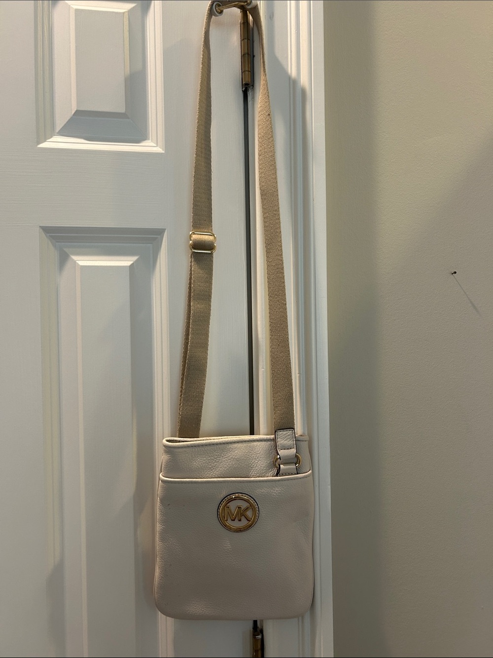 Michael Kors Beige Cream Crossbody Bag with Gold MK Emblem